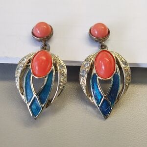 Elegant 1.5" Vintage Retro Coral and Blue Drop Clip On Earrings